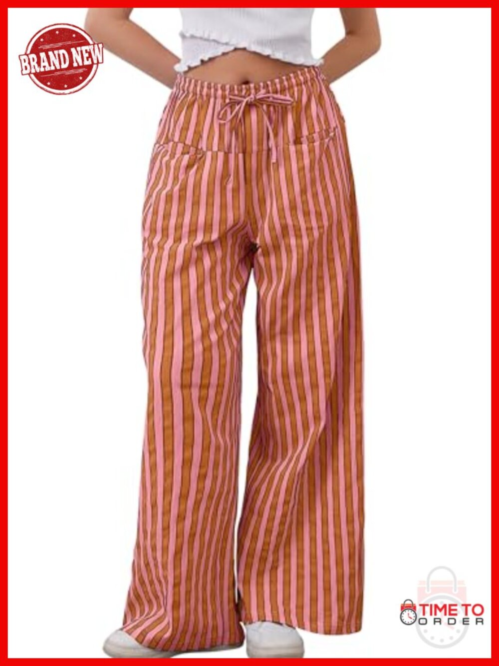 Women's Cotton Drawstring Wide Leg Lounge Pants Low Waist Striped Trousers with